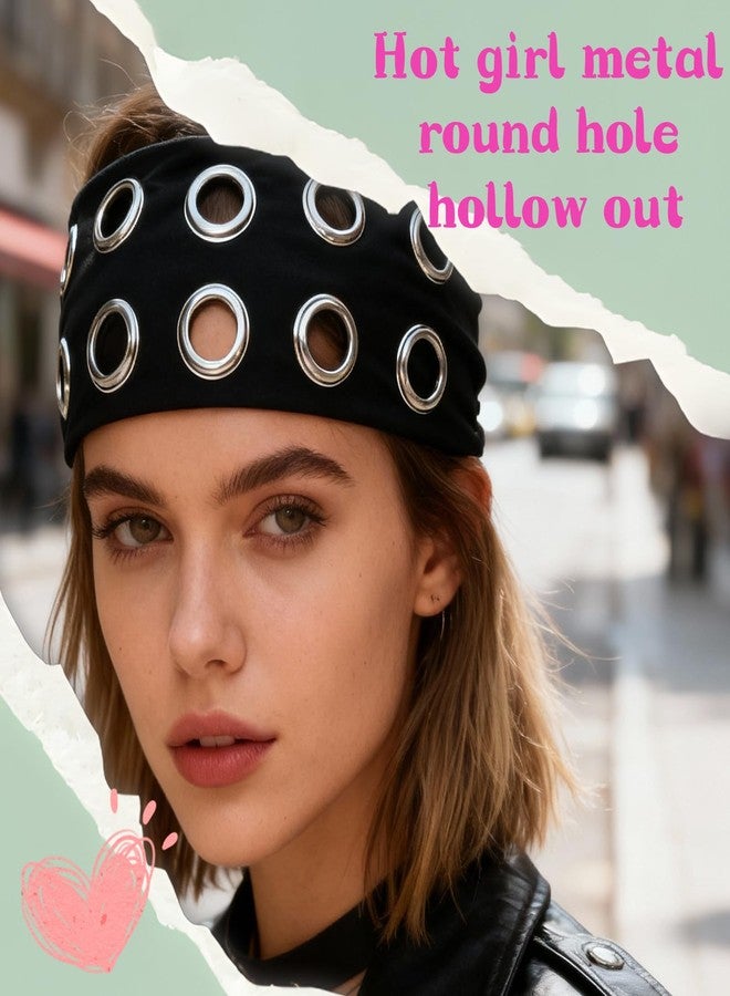 CZMZHFC Grommet Headband,Women Hollow Out Eyelets Elastic Hairband,Punk Style Rivets Headbands,Y2K Grunge Fashion Wide Head band,Stretchy Casual Hair Accessories for Women (3Pcs, Black+Green+Khaki) - Image 4